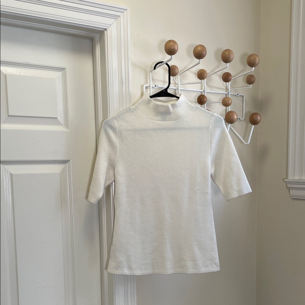 Ann Taylor - Wool Blend Mock Shirt Sleeve Top - Cream Neutral - S